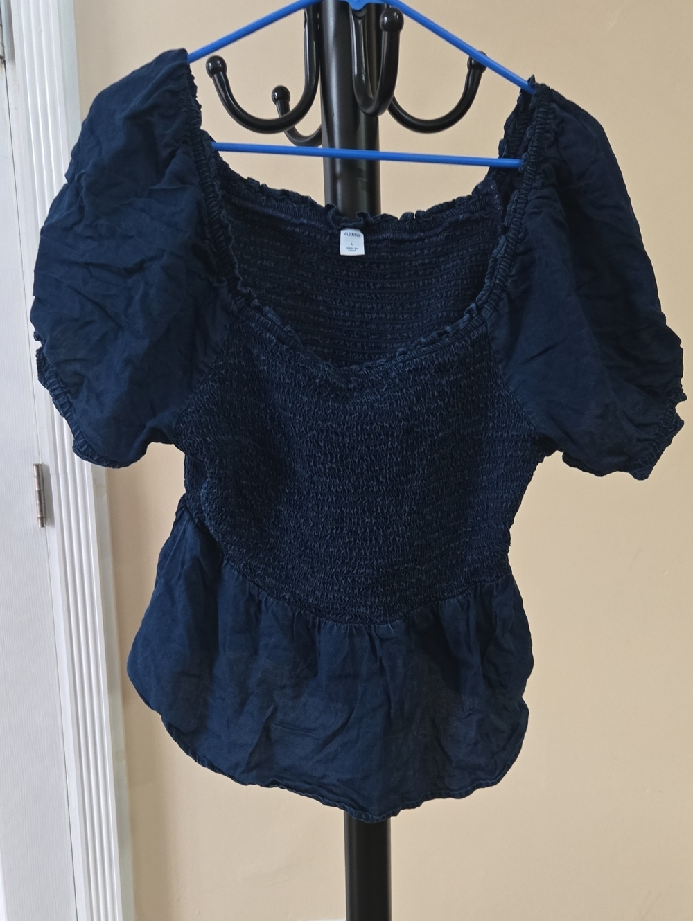 Cottagecore Navy Blue Smocked Peplum Puff Sleeve Top